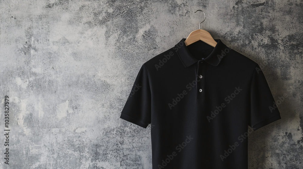 black polo shirt hanging on a hanger against a concrete wall black polo shirt hanging on a hanger against a concrete wall