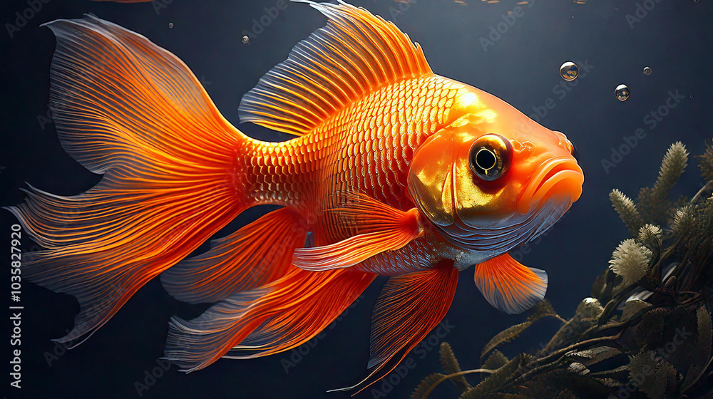 Fototapeta premium A vibrant goldfish gracefully swimming, showcasing its shimmering scales and lively personality. This enchanting image is perfect for projects related to nature, pets.