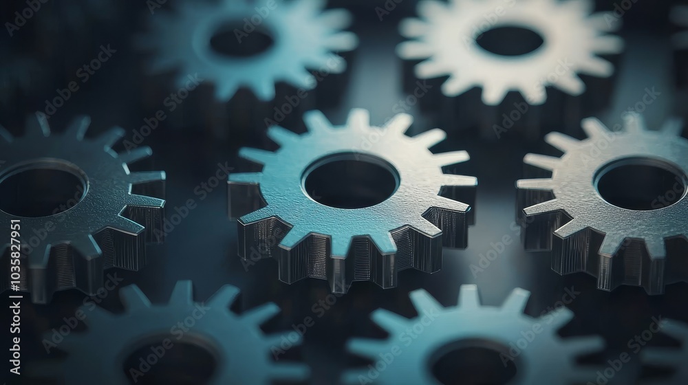 Close-up of metallic gears, showcasing intricate details and a sleek, industrial design in a dark and moody setting. Close-up of metallic gears, showcasing intricate details and a sleek, industrial design in a dark and moody setting.