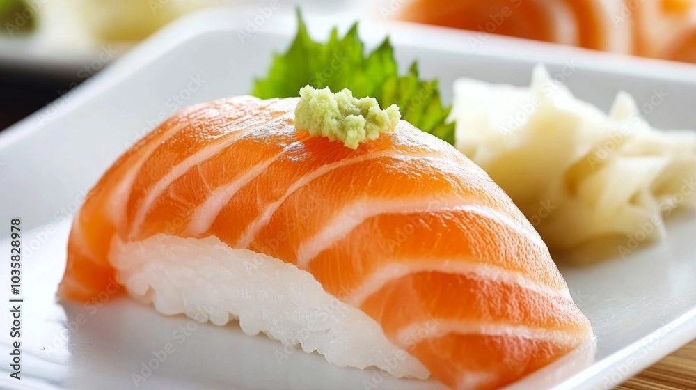 Fresh Salmon Sushi with Wasabi and Garnish Fresh Salmon Sushi with Wasabi and Garnish