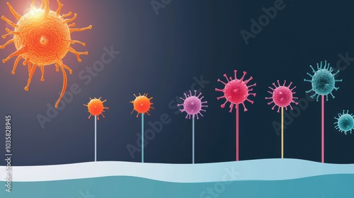 A diagram illustrating the lytic cycle of a bacteriophage, depicting its steps from attachment to lysis. photo