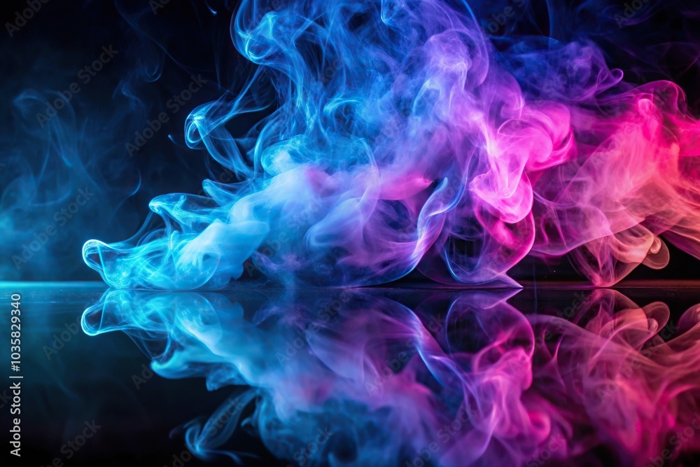 Fototapeta premium Aerial clouds of colorful smoke in blue and purple neon light swirling on black table background with reflection