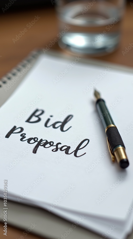 Bid proposal document with glass and fountain pen on desk