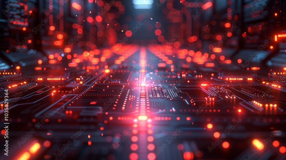 Futuristic Digital Circuit Board with Glowing Red Lights and Bokeh Effect - High-Tech Background Futuristic Digital Circuit Board with Glowing Red Lights and Bokeh Effect - High-Tech Background