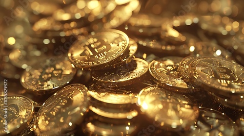 A close-up view of shiny gold Bitcoin coins stacked together, representing cryptocurrency wealth.