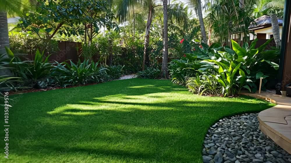 A lush green lawn in a tropical garden with palm trees