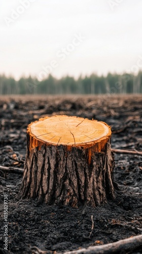 Wooden tree stump on barren land, cloudy sky in background.