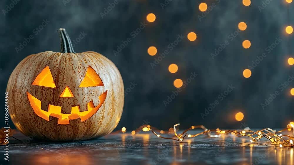 A carved pumpkin with a lit candle inside sits on a table with string lights