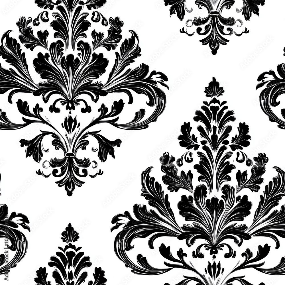 Stylized floral damask pattern with ornate detailing in a repeating design Stylized floral damask pattern with ornate detailing in a repeating design