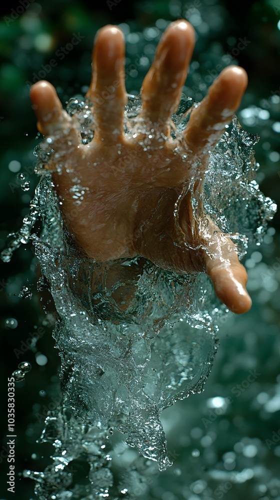 Fototapeta premium Hand Reaching Through Water with Splashes
