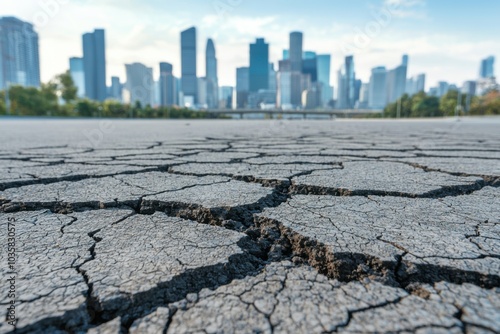 Cracked ground with urban skyline in the background under bright sky. photo