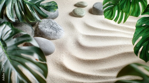 en garden with smooth stones and monstera leaves on rippled sand.