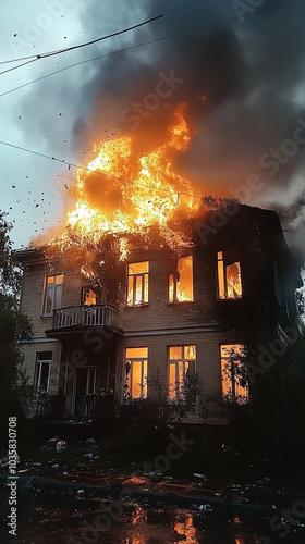 burning two-story house. fire. the building is on fire.