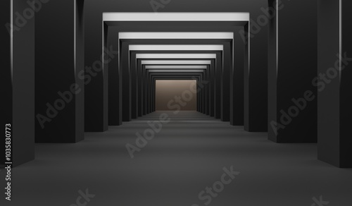 Empty corridor with many square arches in perspective view. Abstract architecture. Arch. Interior design. Step forward. Philosophical classic. Illuminated corridor. 3D illustration.