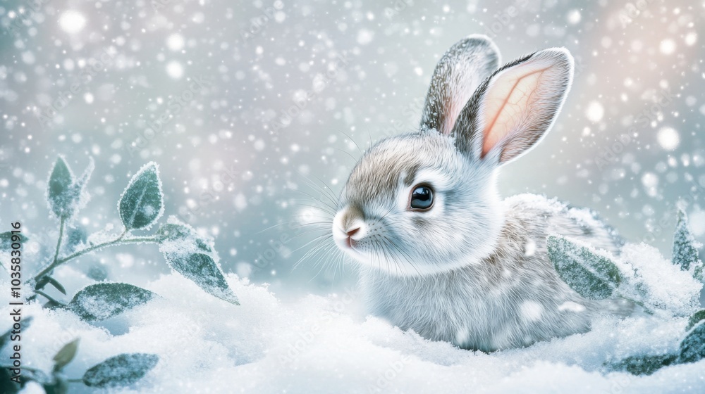 Cute rabbit with ears perked, nestled in the snow on a winter day, surrounded by a peaceful, snowy landscape Cute rabbit with ears perked, nestled in the snow on a winter day, surrounded by a peaceful, snowy landscape