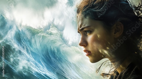 Intense waves crash against shore as woman gazes forward, reflecting on nature's power in hurricane concept