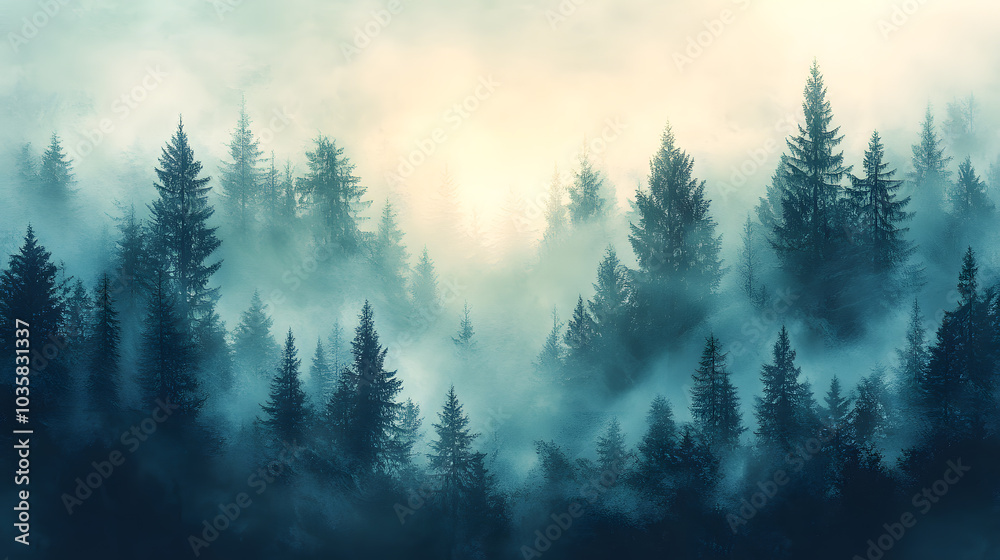 An ethereal illustration of a dense fog rolling through a mysterious forest, with towering trees barely visible through the thick mist, creating a hauntingly beautiful scene An ethereal illustration of a dense fog rolling through a mysterious forest, with towering trees barely visible through the thick mist, creating a hauntingly beautiful scene