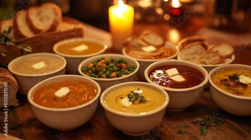 A cozy soup sampler featuring hearty options like butternut squash, clam chowder, and minestrone photo