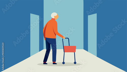 Walkers with Accessories An older adult walking in a hallway using a walker equipped with a seat and storage basket looking comfortable and supported.