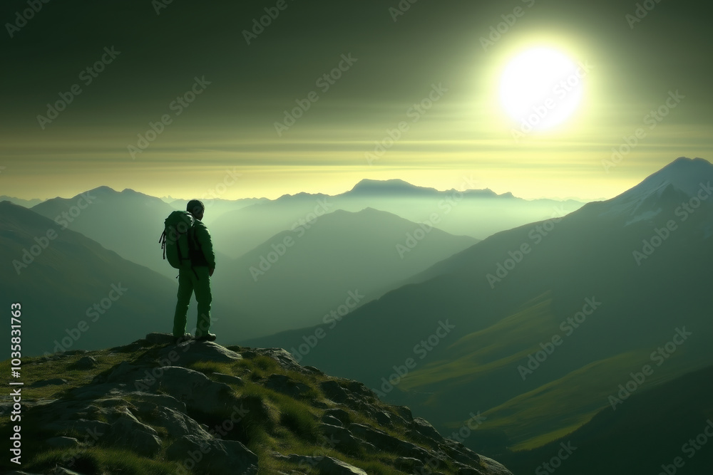 Obraz premium Hiker gazes at a breathtaking sunset over rugged mountains in a tranquil landscape