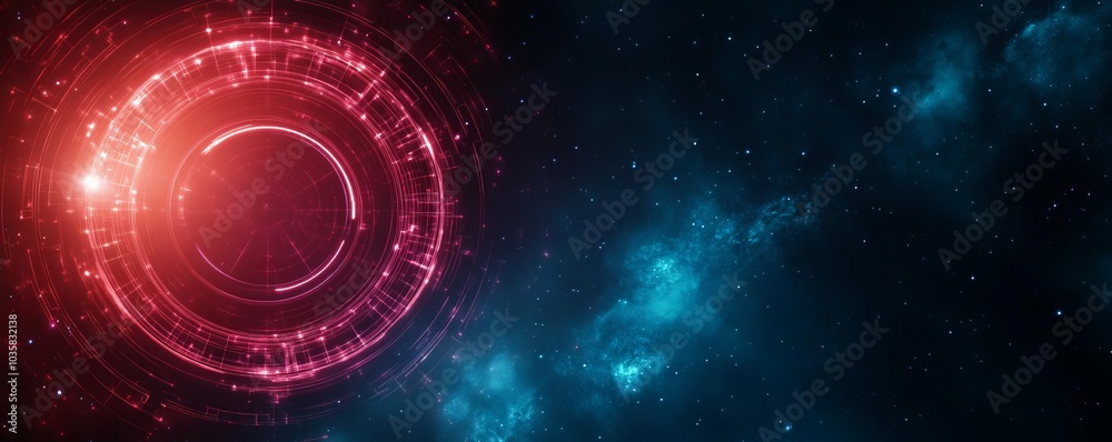 Obraz premium Quantum time wheel, glowing symbols, cosmic background, digital effect