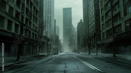 Empty city street beneath looming skyscrapers, veiled in fog, creating an eerie yet calm atmosphere
