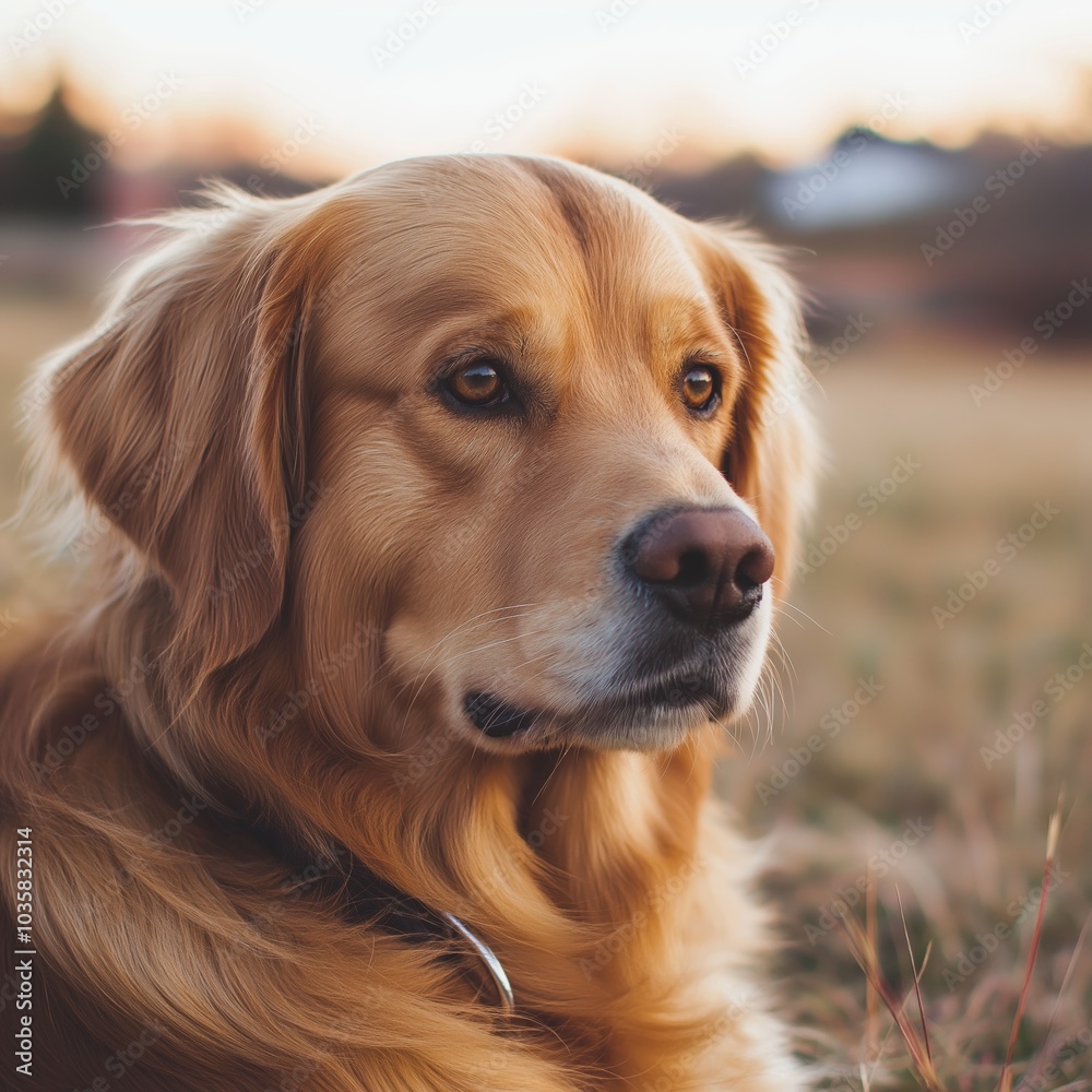 A golden retriever sits in a field during sunset, exuding calm and loyalty, with soft golden light surrounding it. A golden retriever sits in a field during sunset, exuding calm and loyalty, with soft golden light surrounding it.