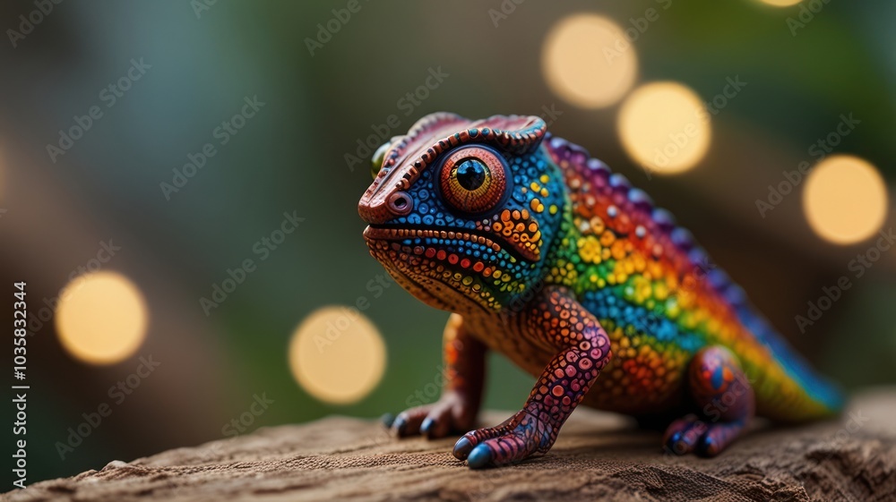 Obraz premium A colorful chameleon figurine with a rainbow pattern sits on a wooden surface against a blurred background.
