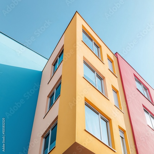 A vibrant geometric building with colorful walls stands out against a clear blue sky, showcasing modern architecture.