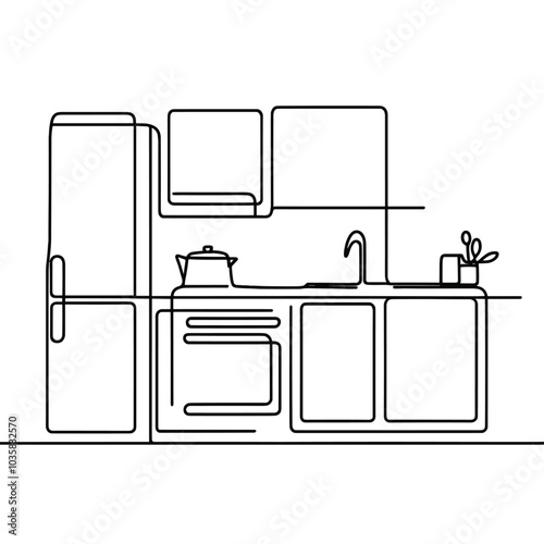 Minimalist line drawing of modern kitchen interior with appliances