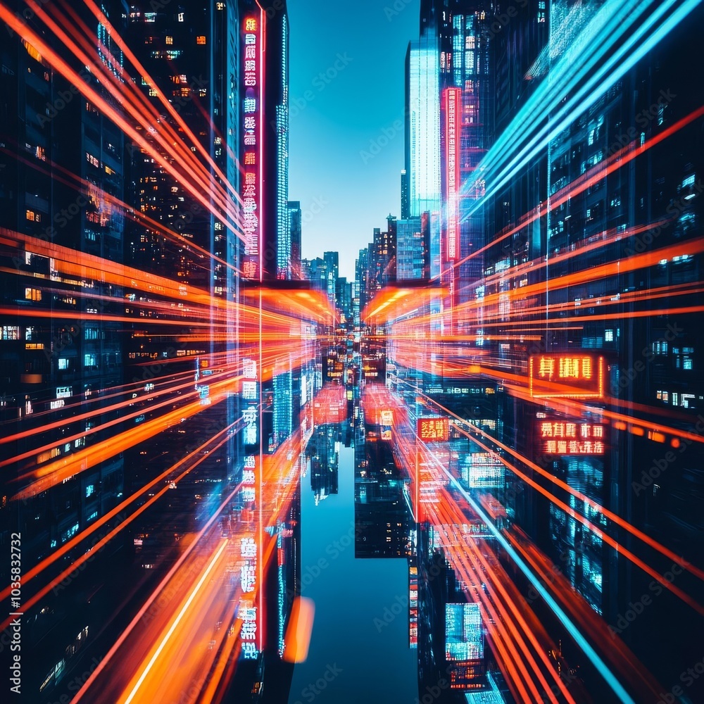 Obraz premium Temporal anomaly, warped cityscape, distortion effect, neon lights