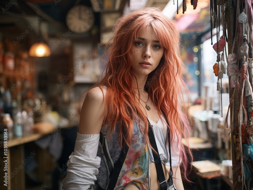 Youth fashion portrait of a young woman with creative colorist hairstyle in a vibrant urban environment
Youth fashion portrait of a young woman with creative colorist hairstyle in a vibrant urban environment