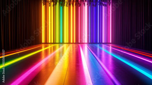 Neon Rainbow Stage Background with Glowing Lines and Curtains