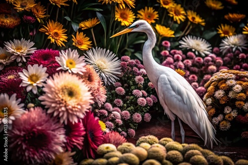 Stunning Panoramic View of Chrysanthemums and Goldendaisies with a Majestic White Heron Isolated in Nature photo