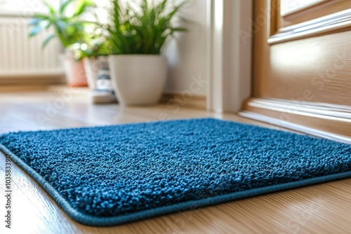 Close-up of a Blue Shag Doormat on a Hardwood Floor photo