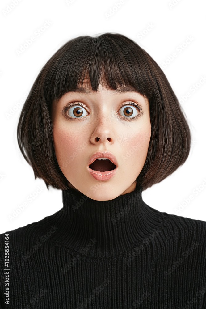 A surprised young woman with short brown hair, wide eyes, and an open mouth expression, wearing a black turtleneck against a transparent background A surprised young woman with short brown hair, wide eyes, and an open mouth expression, wearing a black turtleneck against a transparent background
