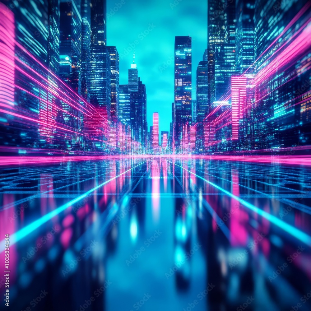 Fototapeta premium Temporal rift, distorted cityscape, neon blue, sci-fi city setting