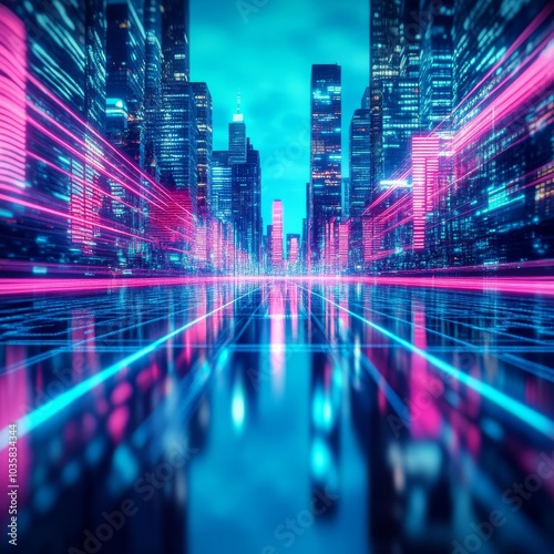 Temporal rift, distorted cityscape, neon blue, sci-fi city setting