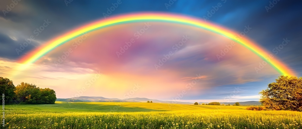 Vibrant Rainbow Over Scenic Meadow Landscape Vibrant Rainbow Over Scenic Meadow Landscape