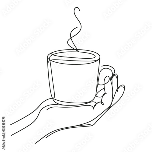 Minimalist line drawing of a hand holding a coffee cup with steam