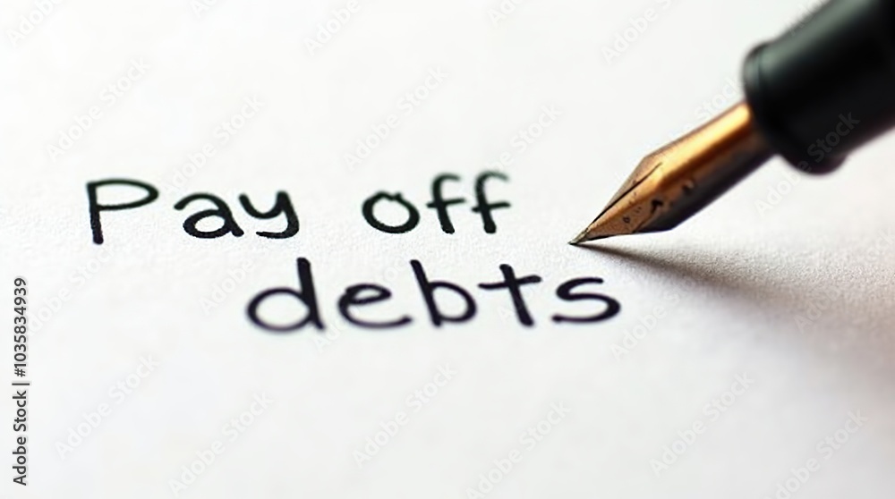 Fountain pen highlighting pay off debts on paper Fountain pen highlighting pay off debts on paper
