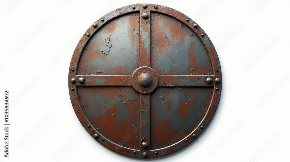 Naklejka premium Rusted medieval round metal shield with crest design illustration