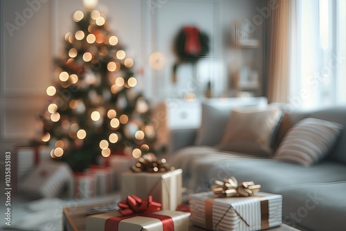 Blurred modern interior of a living room decorated for Christmas. christmas tree, presents, soft focus