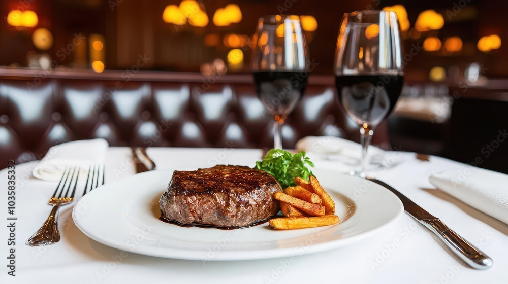 Highend steakhouse with dark leather booths, rich mahogany furniture, and soft, warm lighting, creating a classic, luxurious atmosphere