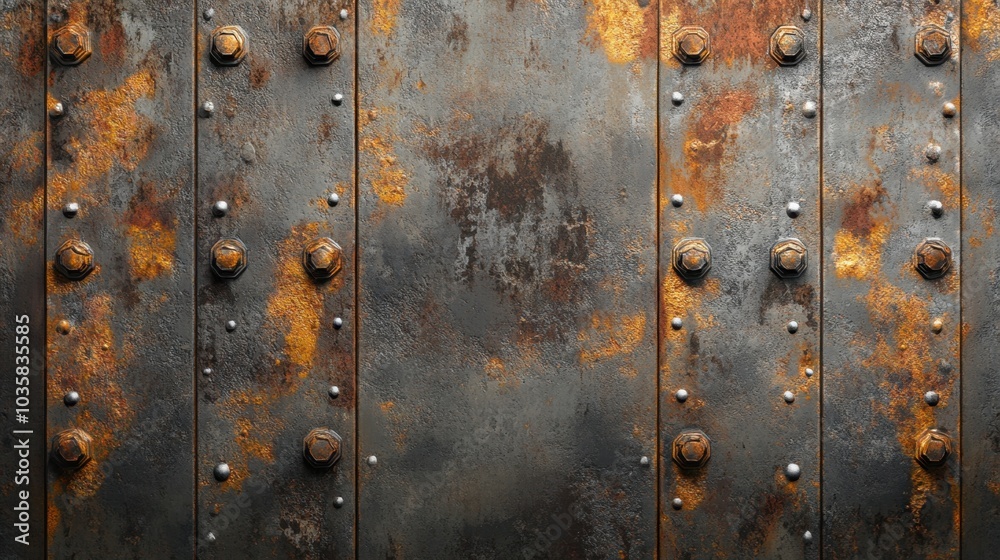 Fototapeta premium Industrial steel plates covered in rust, joined by heavy rivets forming a gritty, weathered metal wall