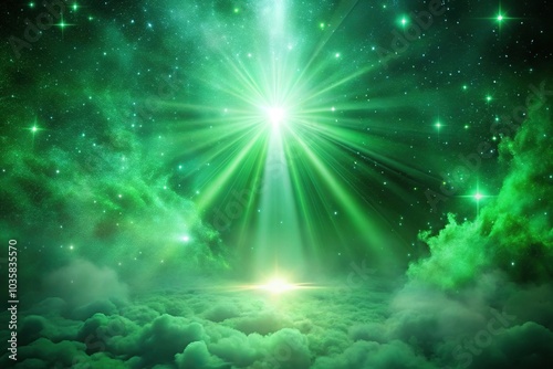 Aerial ethereal green mist mystical light beam in cosmic haze background