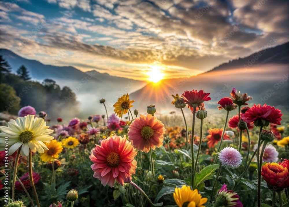 Fototapeta premium Stunning Sunrise Over Flower Field and Misty Mountains - Serene Summer Landscape Photography