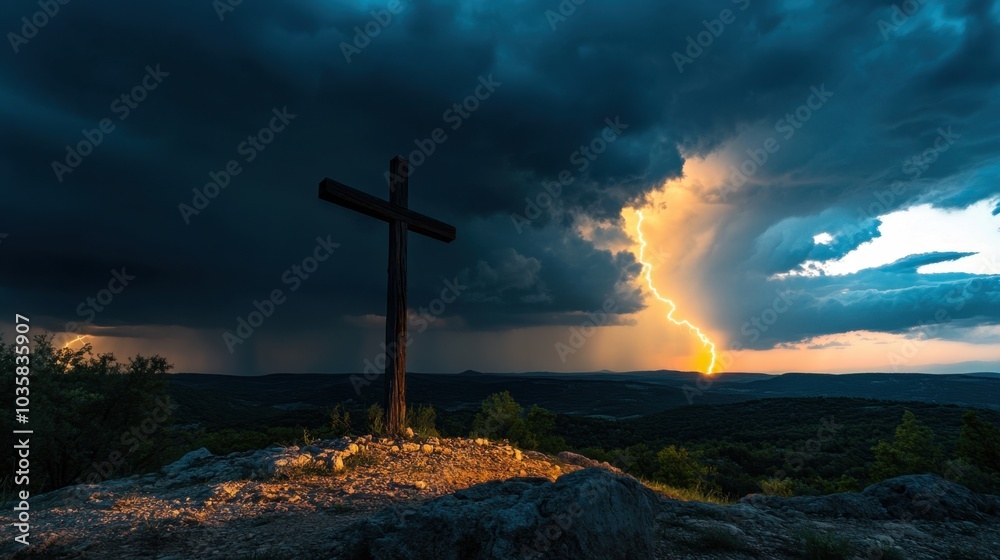 Lightning strikes near an old wooden cross on a hill, with storm clouds gathering overhead in a dramatic scene Lightning strikes near an old wooden cross on a hill, with storm clouds gathering overhead in a dramatic scene
