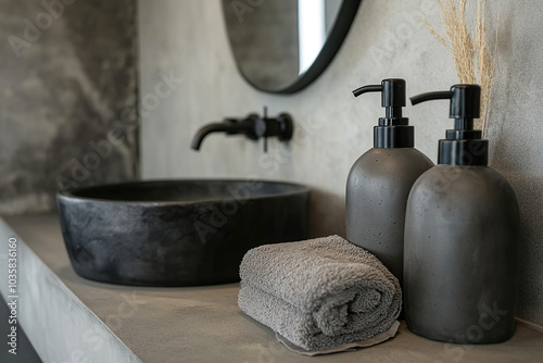 In this minimalist bathroom, dark gray concrete soap bottles with sleek black pump heads create a striking focal point. The clean lines and understated design enhance the modern aesthetic. photo