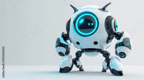 A white and blue robot with a round body and large, robotic arms stands on a white background.